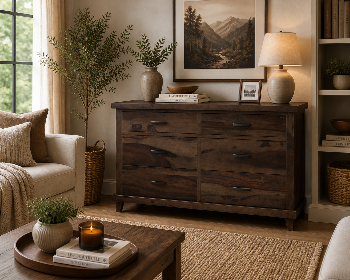 Solid Wood 6 Drawer Dresser | Rustic Modern Wooden Chest of Drawers | Minimalist Bedroom Storage Cabinet