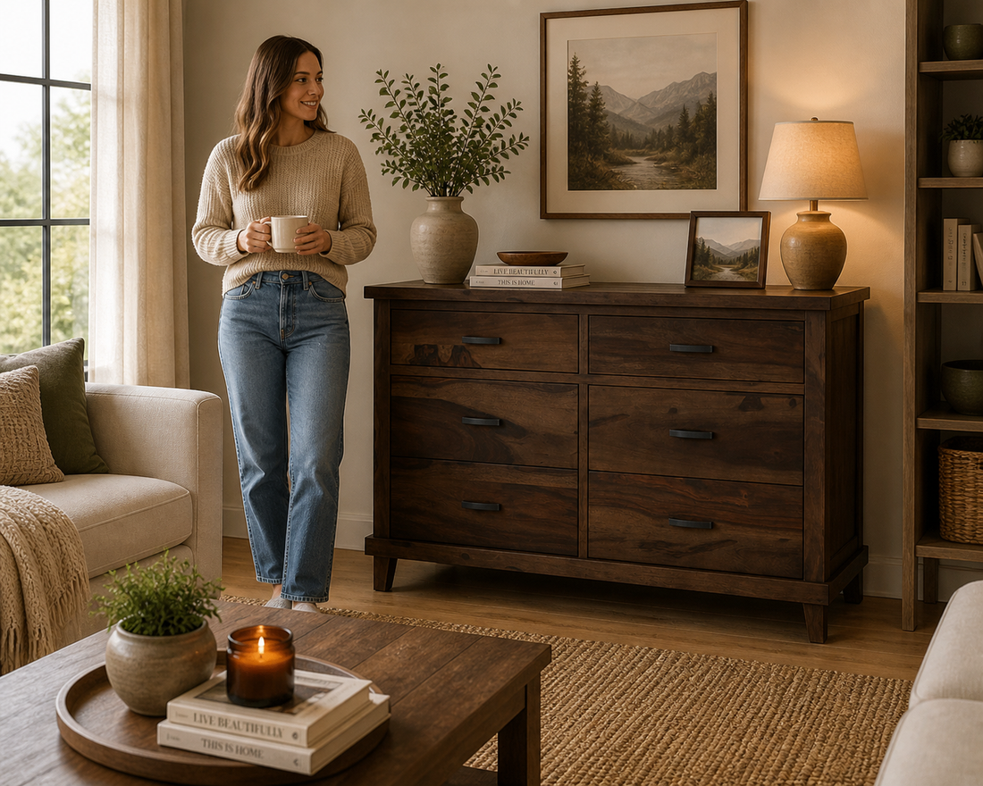 Solid Wood 6 Drawer Dresser | Rustic Modern Wooden Chest of Drawers | Minimalist Bedroom Storage Cabinet