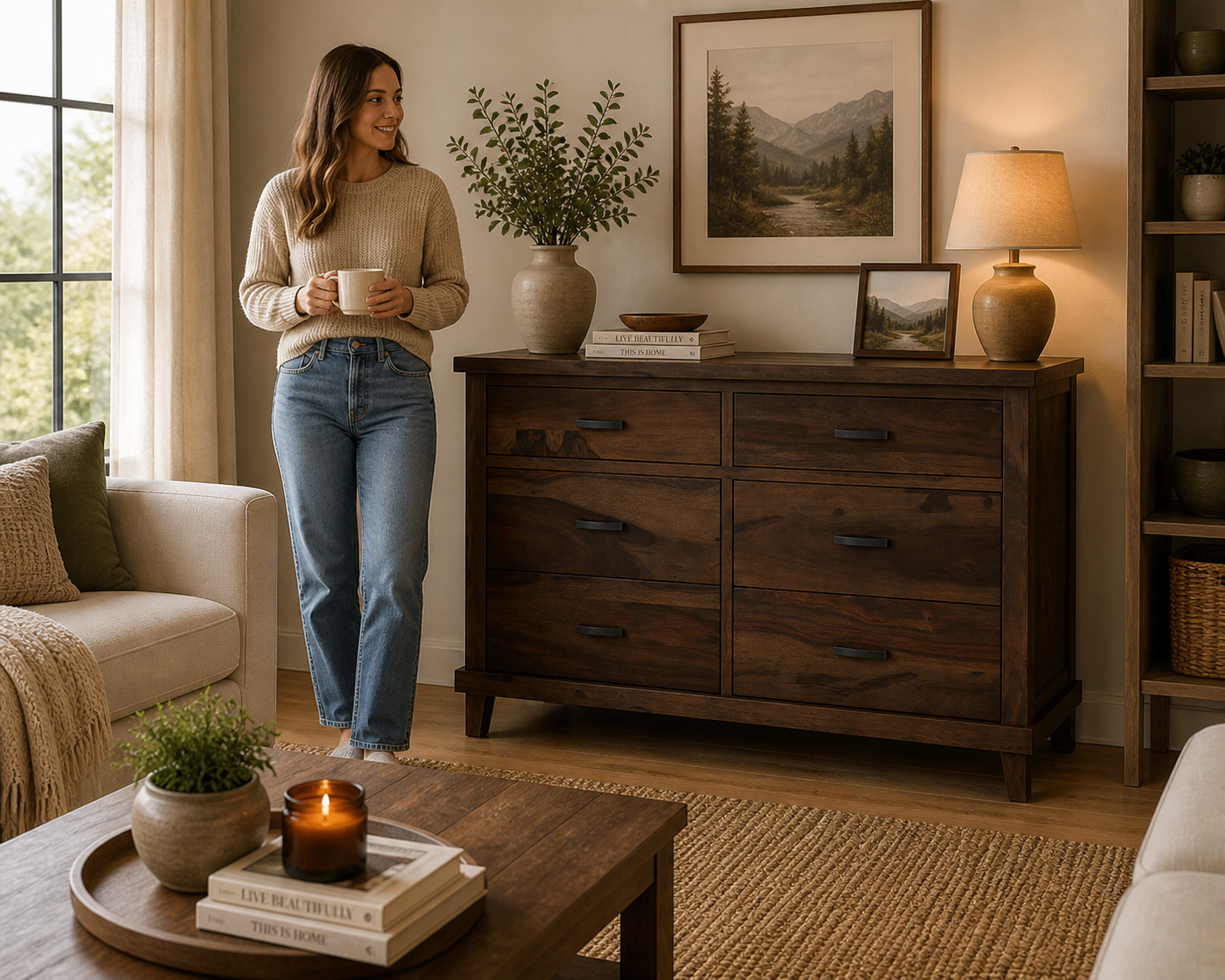 Solid Wood 6 Drawer Dresser | Rustic Modern Wooden Chest of Drawers | Minimalist Bedroom Storage Cabinet