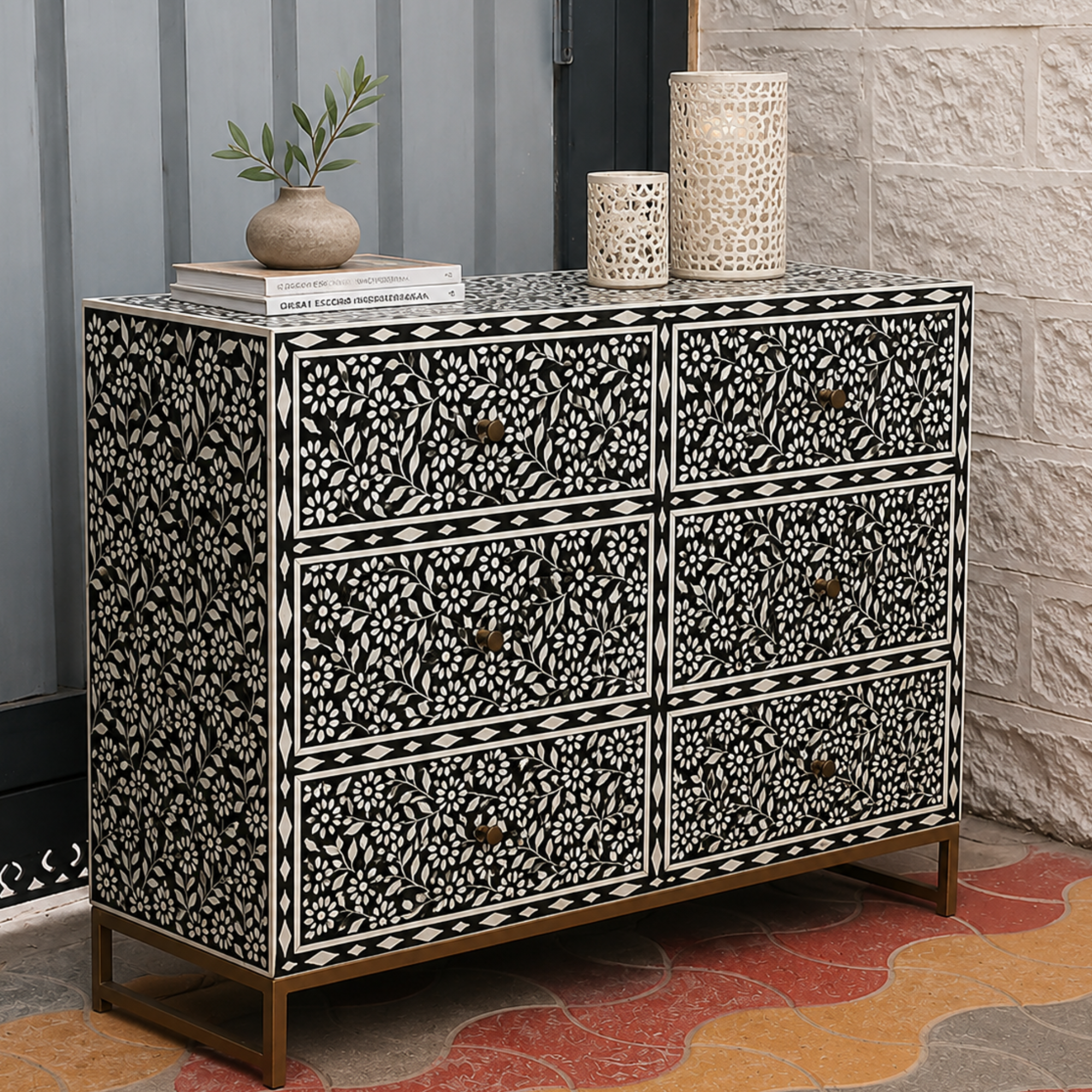 Black Bone Inlay Floral Dresser Handmade Chest of Drawers Luxury Storage Cabinet Boho Chic Bedroom Furniture Decor