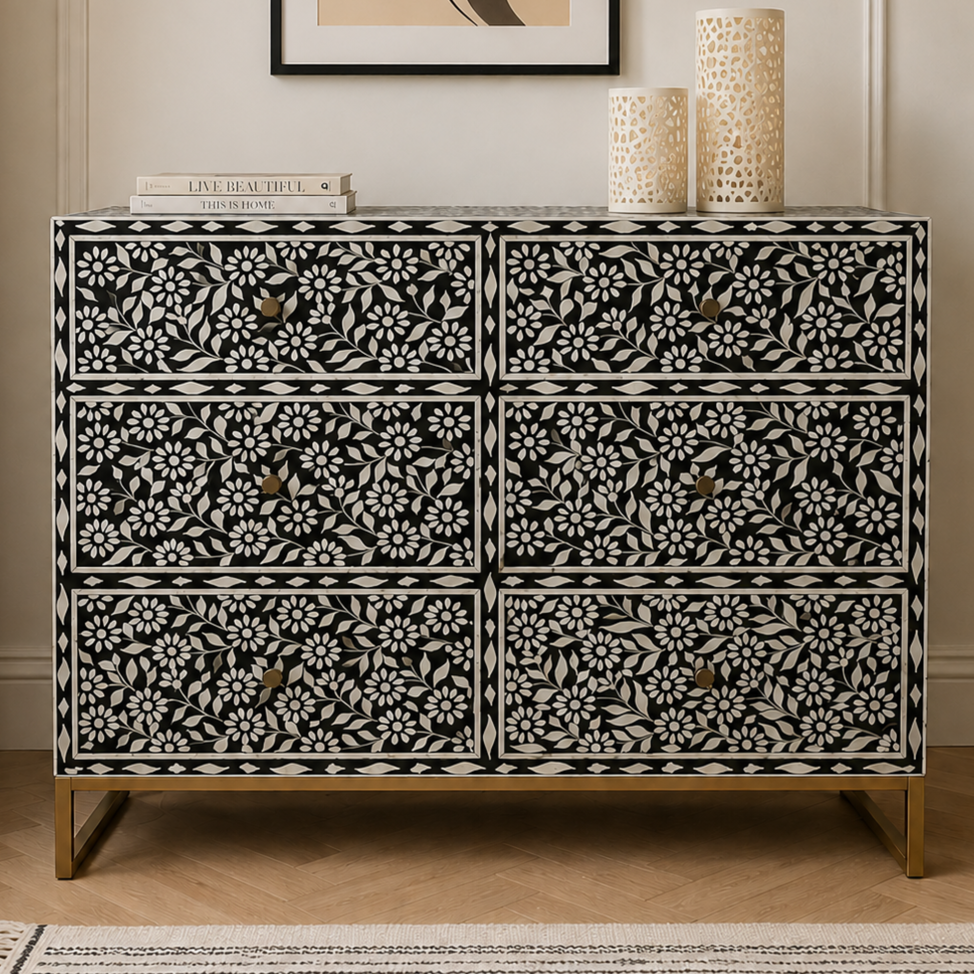 Black Bone Inlay Floral Dresser Handmade Chest of Drawers Luxury Storage Cabinet Boho Chic Bedroom Furniture Decor