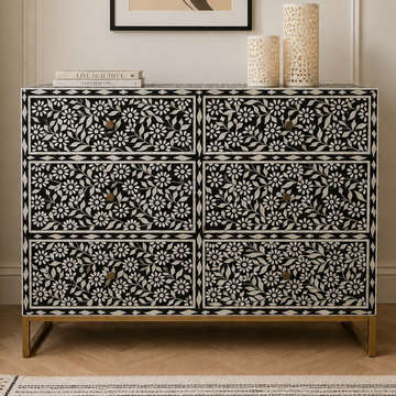 Black Bone Inlay Floral Dresser Handmade Chest of Drawers Luxury Storage Cabinet Boho Chic Bedroom Furniture Decor