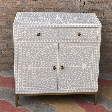 Grey Bone Inlay Cabinet Handmade Floral Storage Cabinet Luxury Accent Sideboard Boho Chic Furniture Home Decor