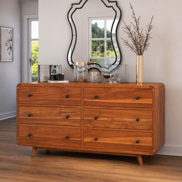 Mid Century Modern Teak Solid Wood 6 Drawer Dresser | Scandinavian Wooden Chest of Drawers | Minimalist Bedroom Storage Cabinet