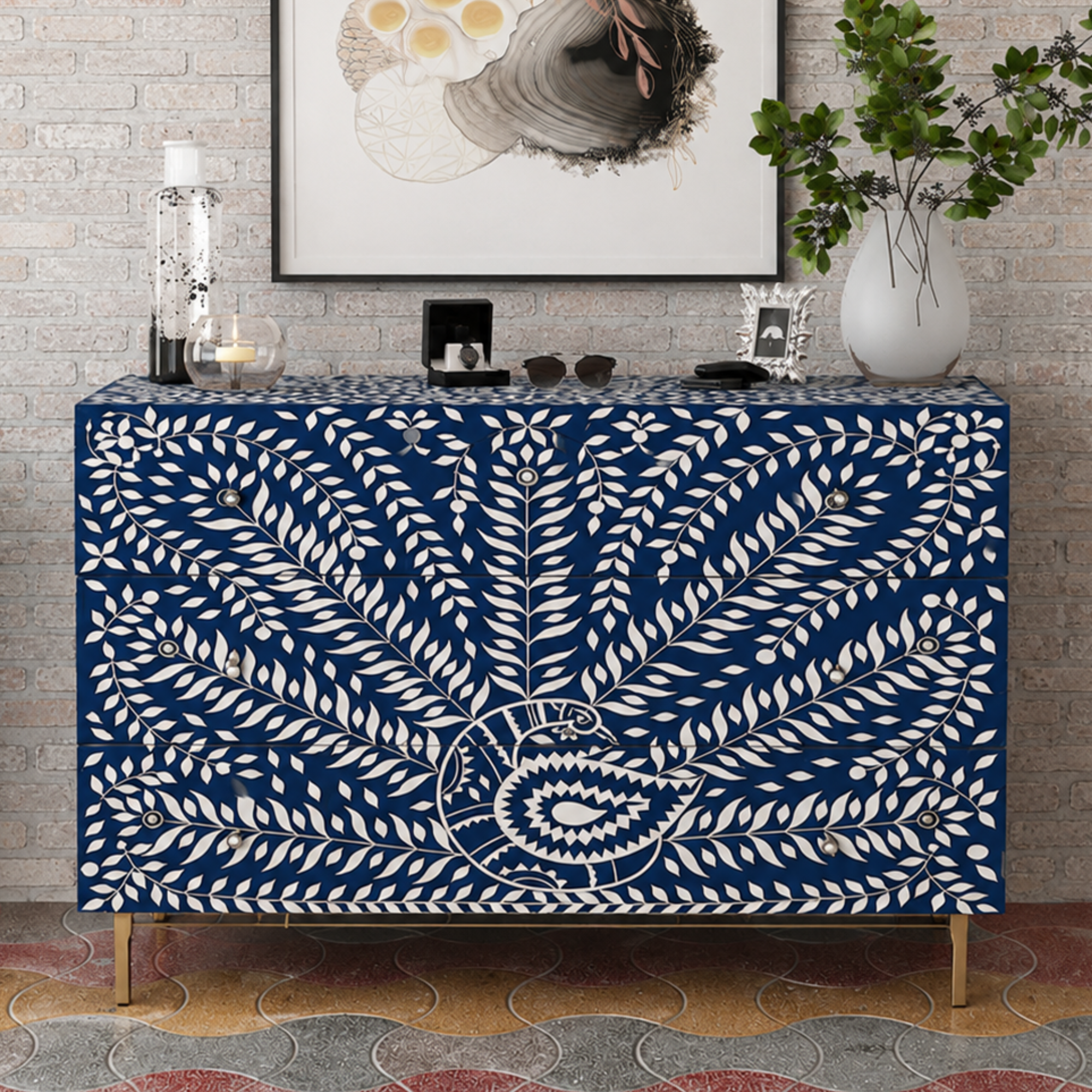 Blue Bone Inlay Chest of Drawers Peacock Design Handmade Dresser Cabinet Luxury Storage Furniture Boho Chic Home Decor