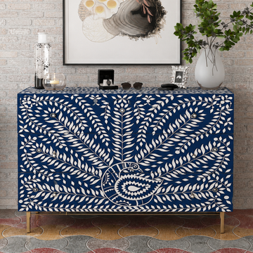 Blue Bone Inlay Chest of Drawers Peacock Design Handmade Dresser Cabinet Luxury Storage Furniture Boho Chic Home Decor