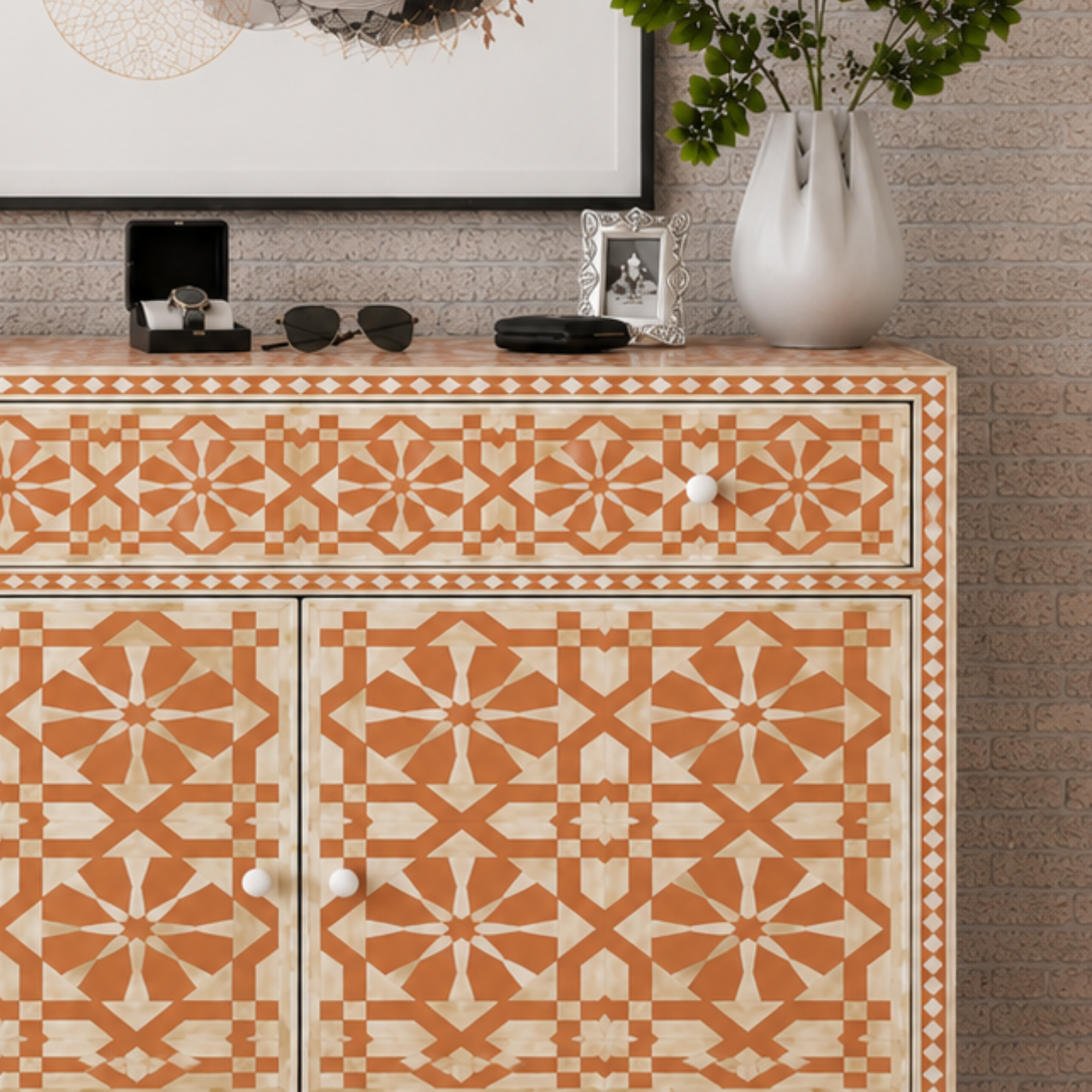 Orange Bone Inlay 2 Door Cabinet | Handmade Geometric Sideboard | Luxury Accent Storage Cabinet
