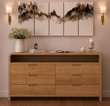 Solid Wood 6 Drawer Dresser with Open Shelf | Modern Wooden Chest of Drawers | Bedroom Storage Cabinet