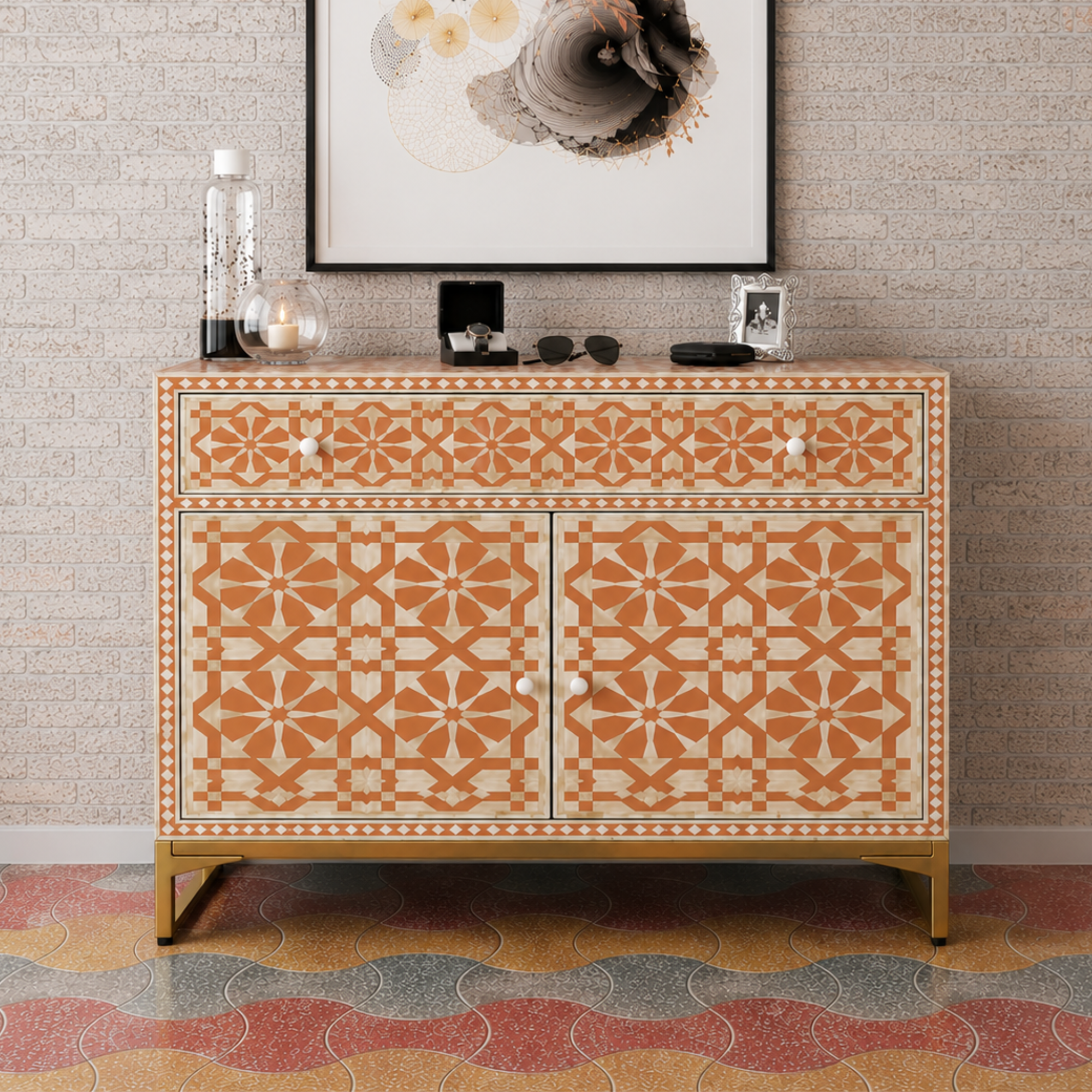 Orange Bone Inlay 2 Door Cabinet | Handmade Geometric Sideboard | Luxury Accent Storage Cabinet
