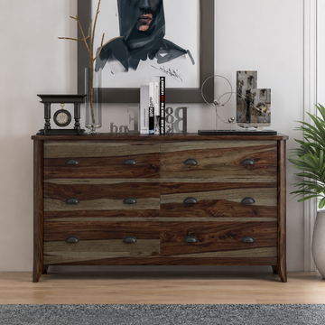 Rustic Solid Wood 6 Drawer Dresser | Farmhouse Wooden Chest of Drawers | Bedroom Storage Cabinet