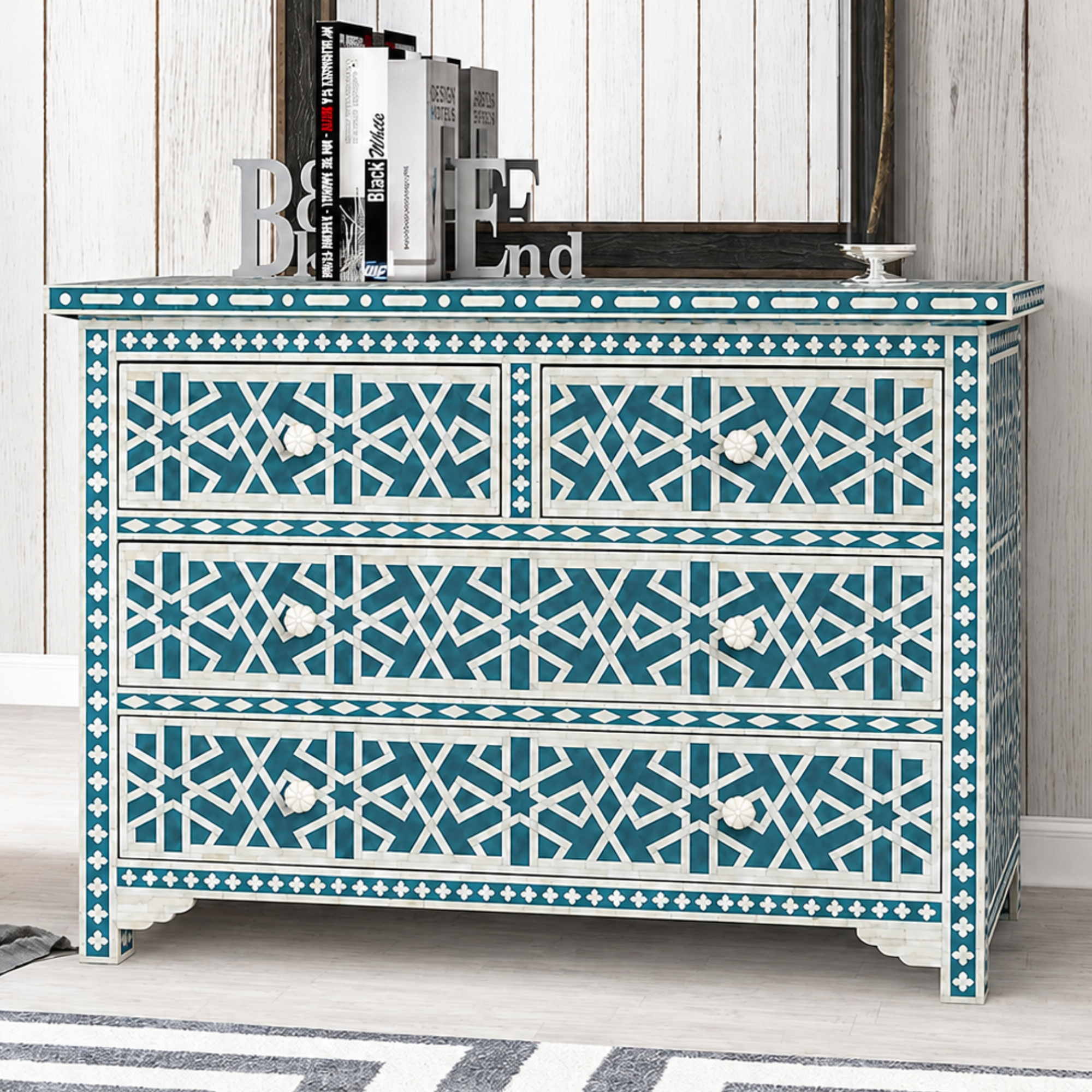 Blue Bone Inlay 3 Drawer Chest | Handmade Geometric Pattern Dresser | Luxury Storage Cabinet