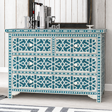 Blue Bone Inlay 3 Drawer Chest | Handmade Geometric Pattern Dresser | Luxury Storage Cabinet