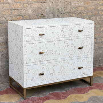 White Bone Inlay 3 Drawer Dresser Chest – Geometric Pattern Storage Cabinet