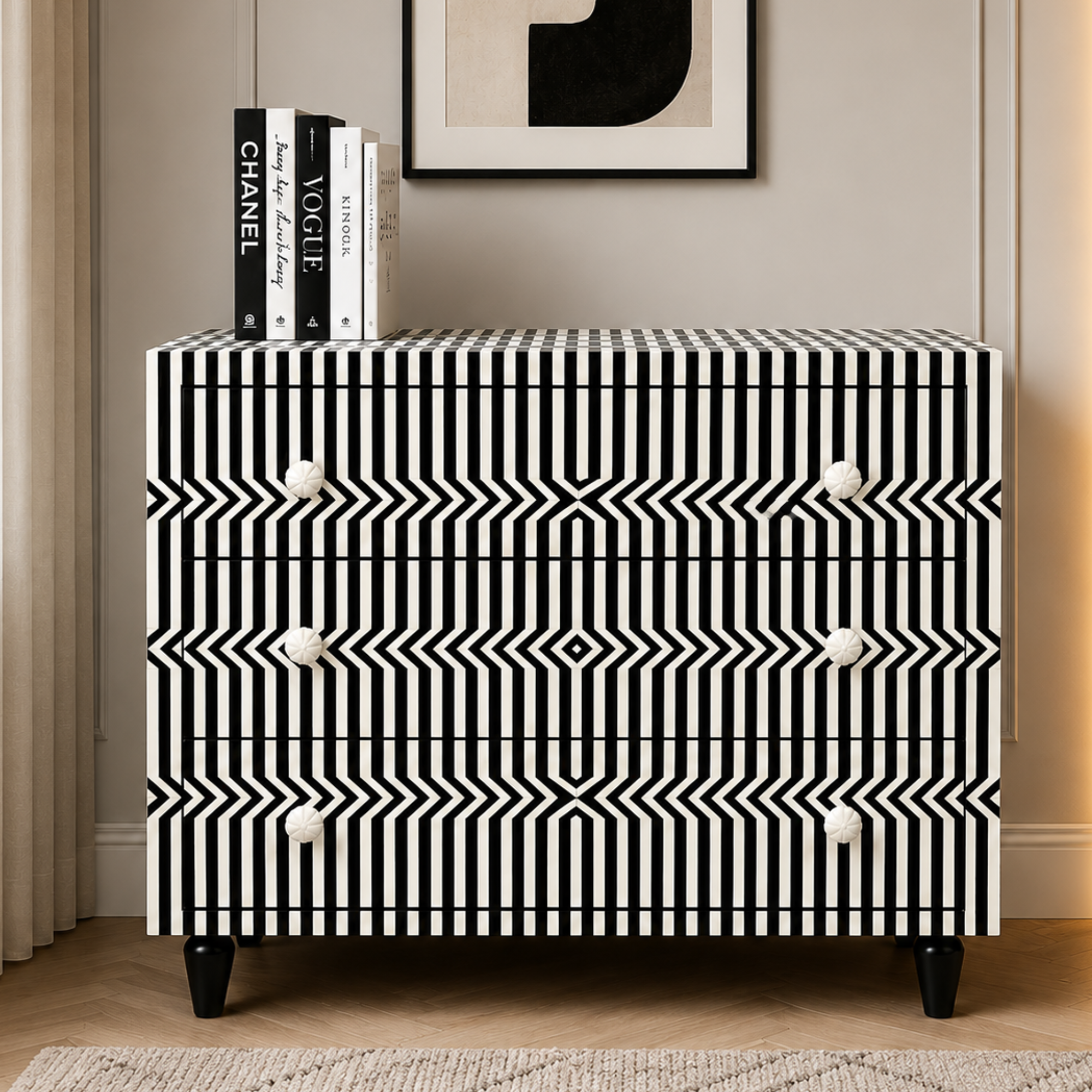 Black White Striped Bone Inlay 3 Drawer Dresser | Geometric Optical Pattern Chest | Handmade Modern Storage Cabinet