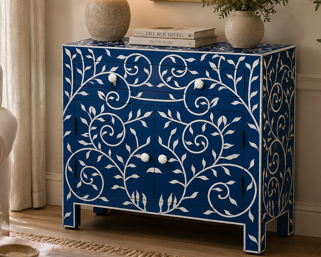 Blue Bone Inlay Cabinet Handmade Floral Storage Cabinet Luxury Accent Sideboard Boho Chic Furniture Home Decor