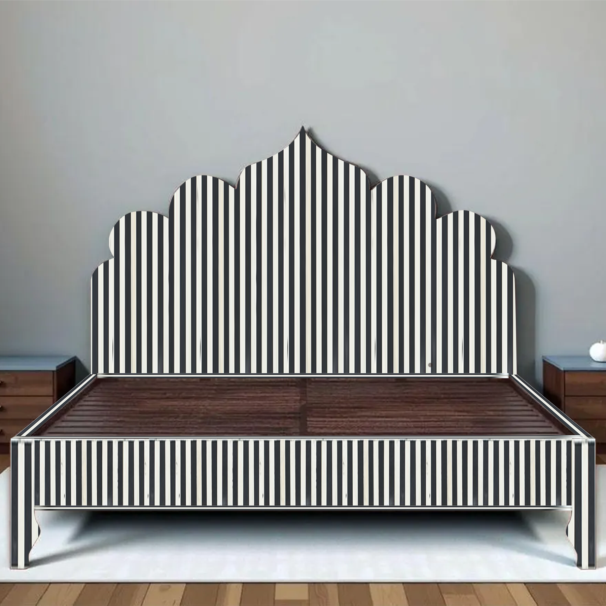 Handmade Black White Striped Bone Inlay Bed Modern Luxury Platform Bed Frame
