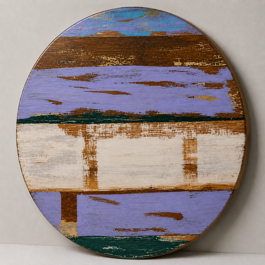 Handmade Distressed Round Wooden Table Top – Rustic Painted Reclaimed Style Surface