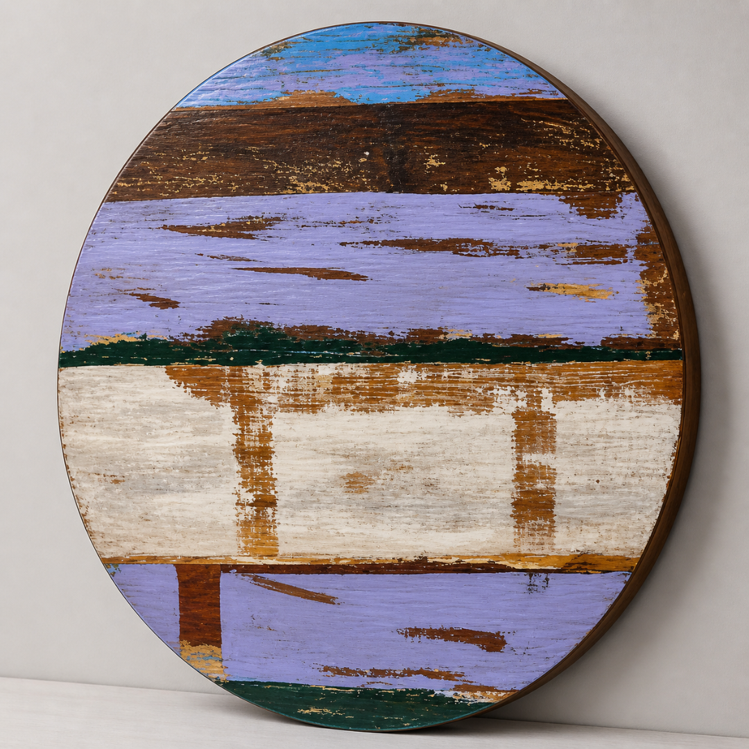 Handmade Distressed Round Wooden Table Top – Rustic Painted Reclaimed Style Surface