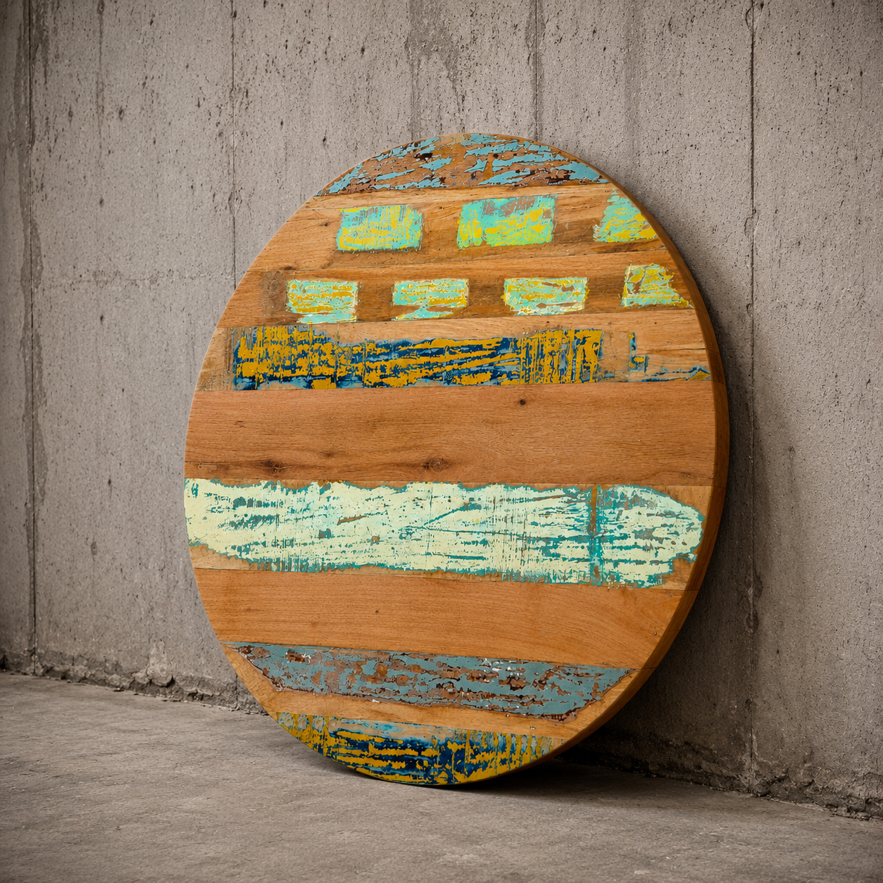 Handmade Reclaimed Wood Round Table Top – Distressed Colorful Rustic Dining & Coffee Table Surface