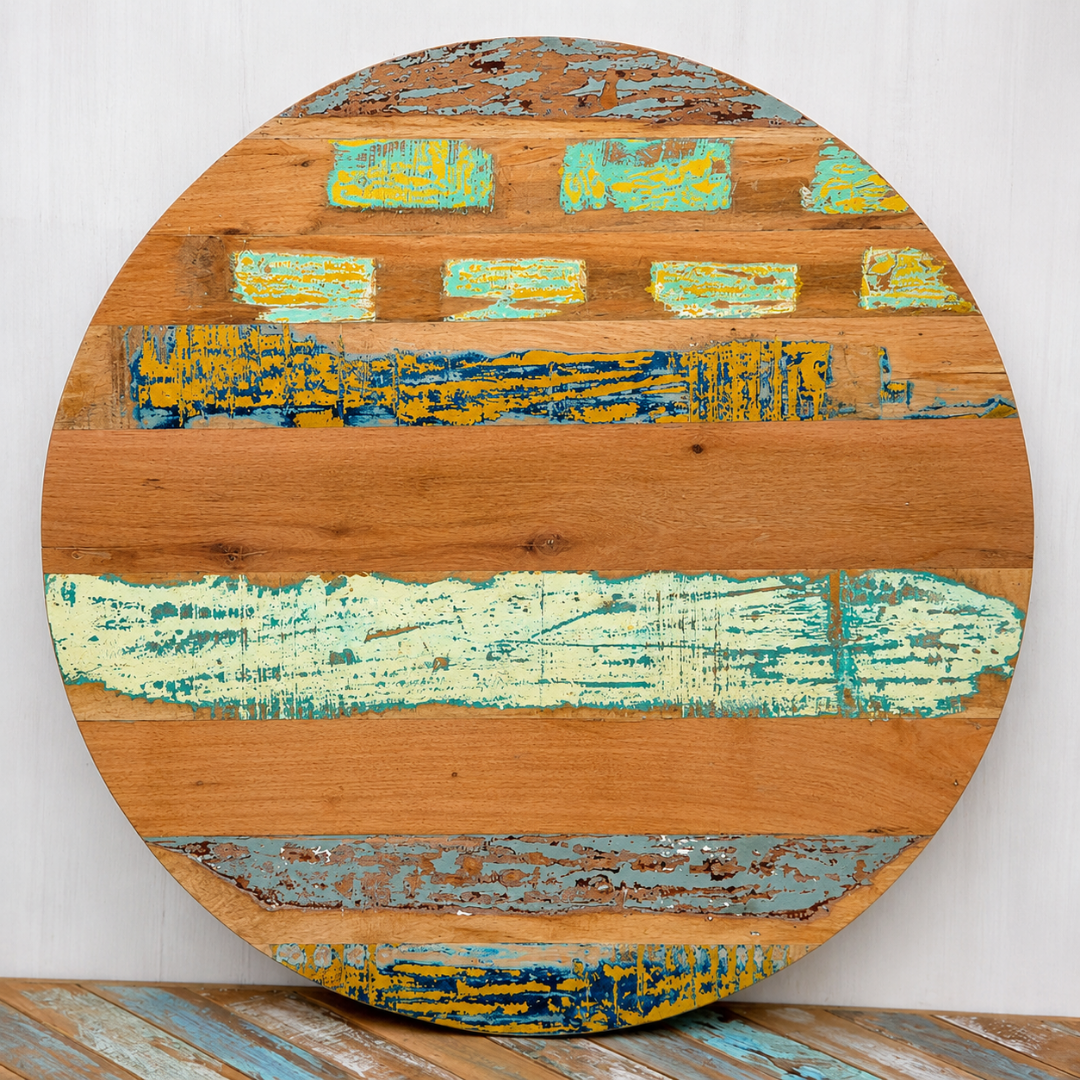 Handmade Reclaimed Wood Round Table Top – Distressed Colorful Rustic Dining & Coffee Table Surface