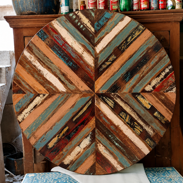 Reclaimed Wood Geometric Round Table Top – Handmade Rustic Painted Surface