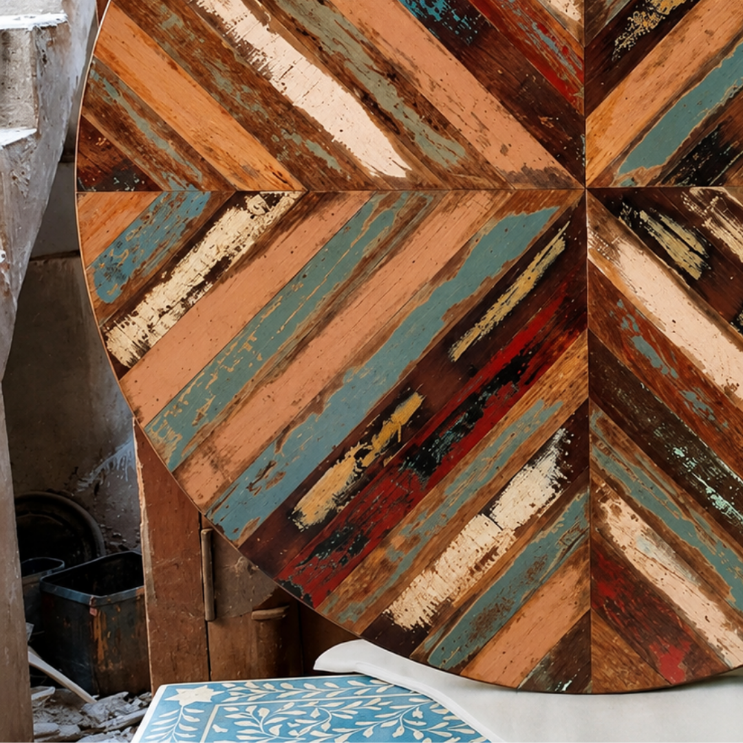 Reclaimed Wood Geometric Round Table Top – Handmade Rustic Painted Surface