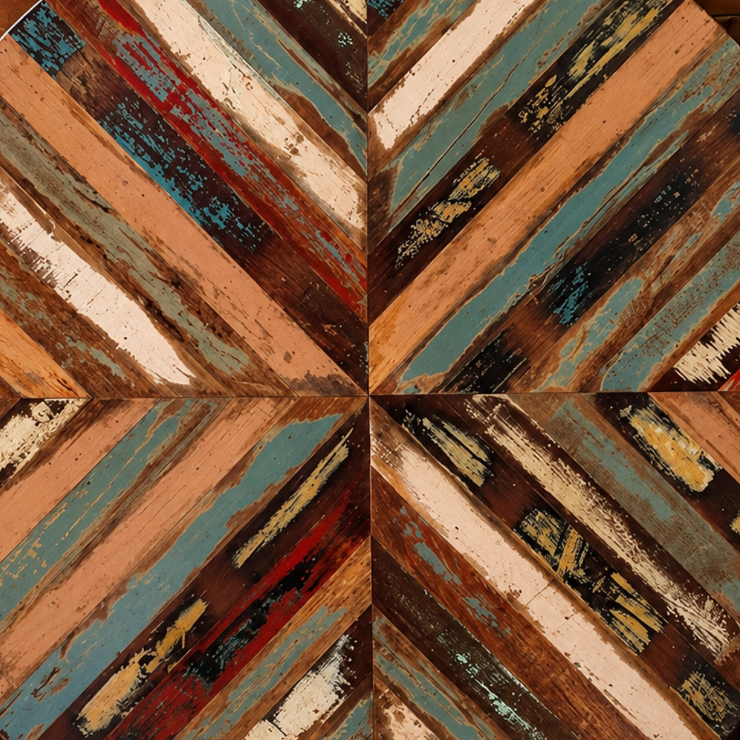 Reclaimed Wood Geometric Round Table Top – Handmade Rustic Painted Surface