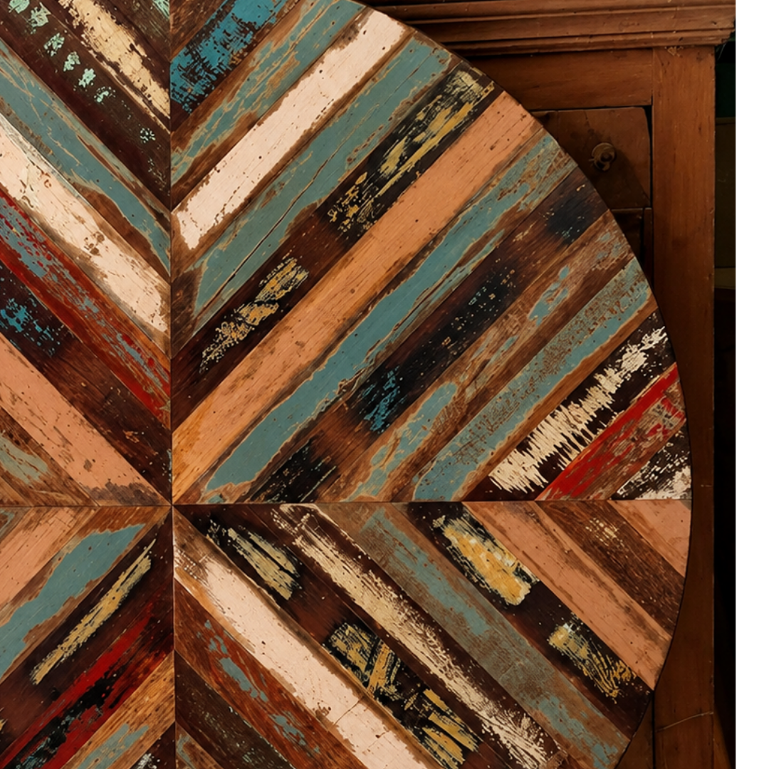 Reclaimed Wood Geometric Round Table Top – Handmade Rustic Painted Surface