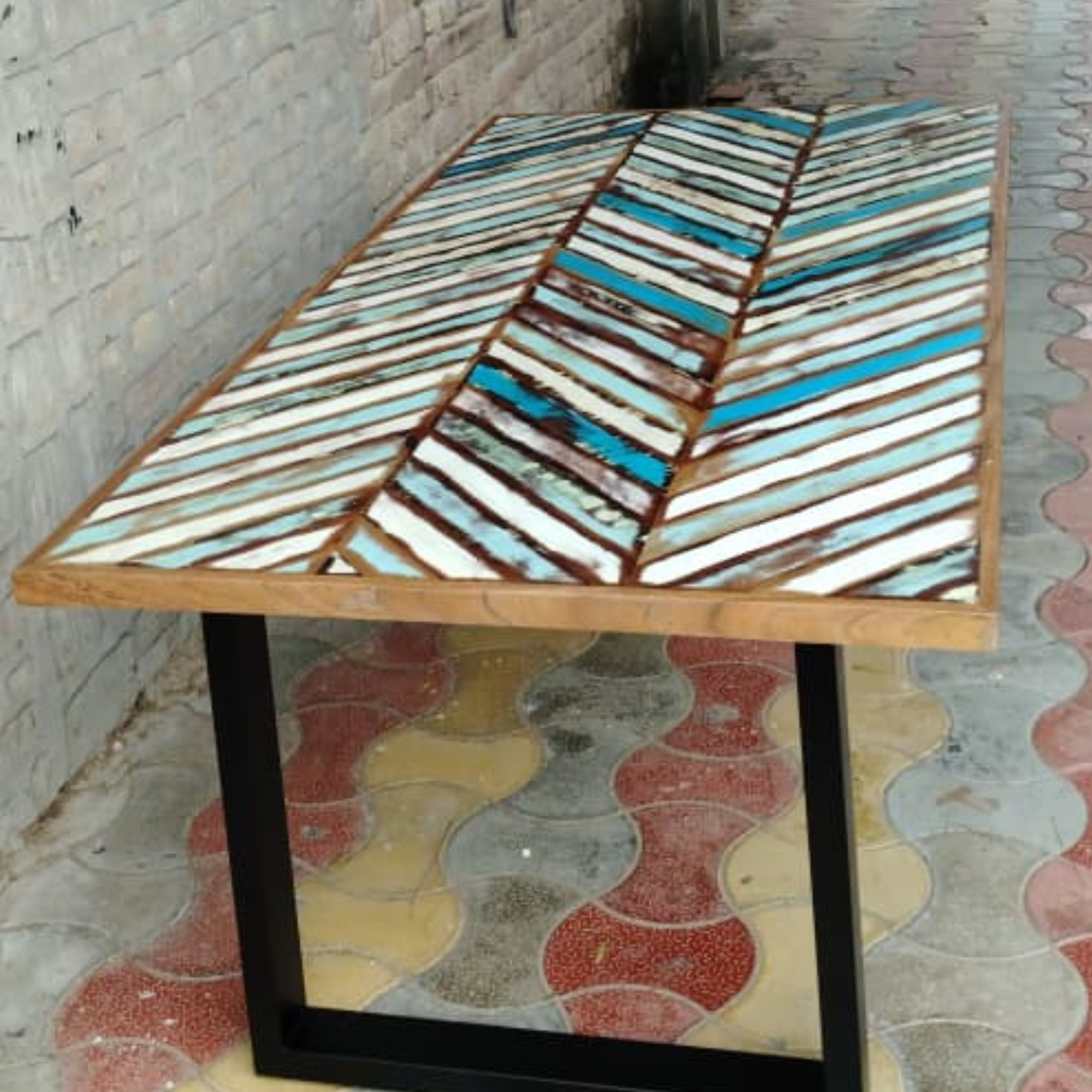 Handmade Chevron Inlay Dining Table with Black Metal Legs – Rustic Blue & White Rectangular Table