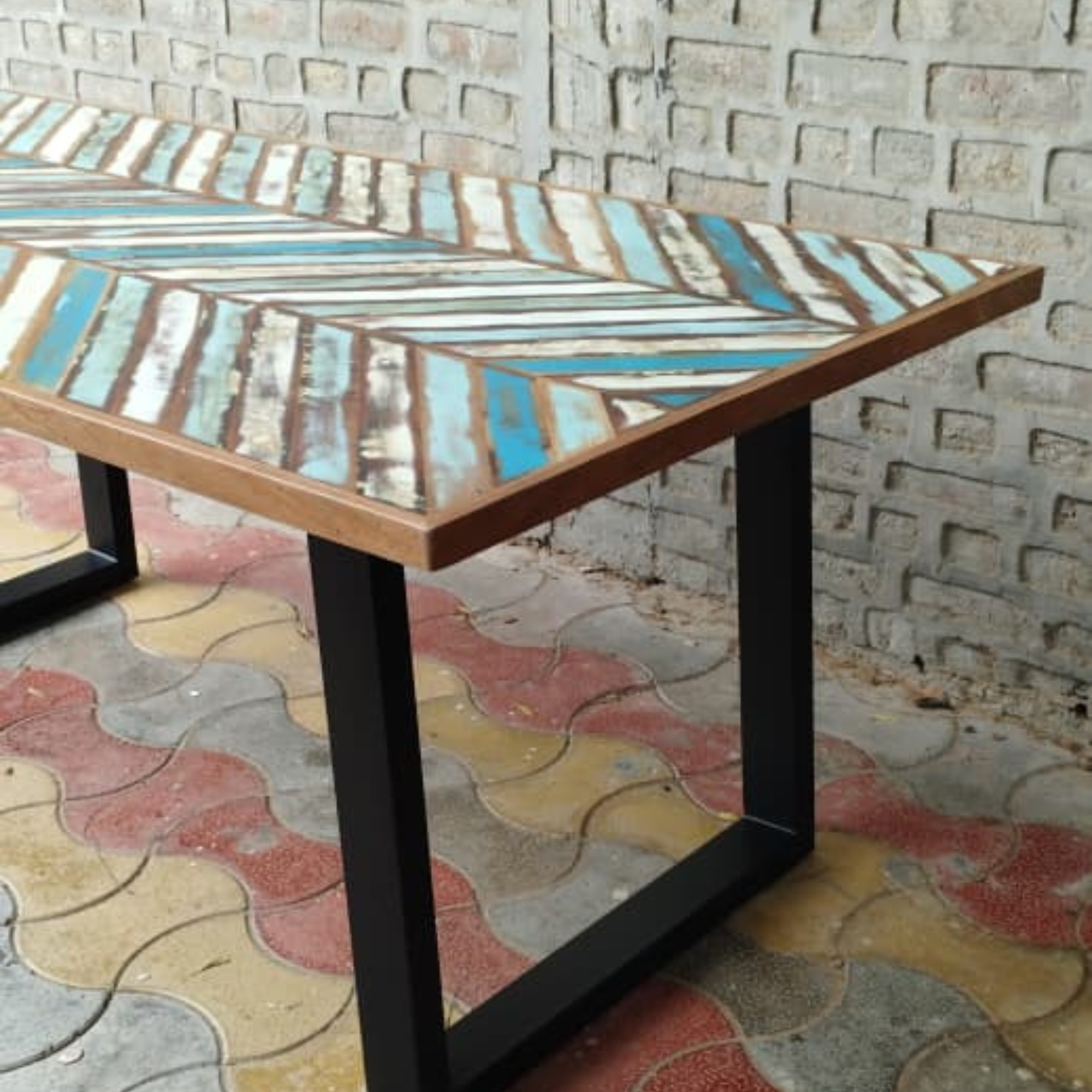 Handmade Chevron Inlay Dining Table with Black Metal Legs – Rustic Blue & White Rectangular Table