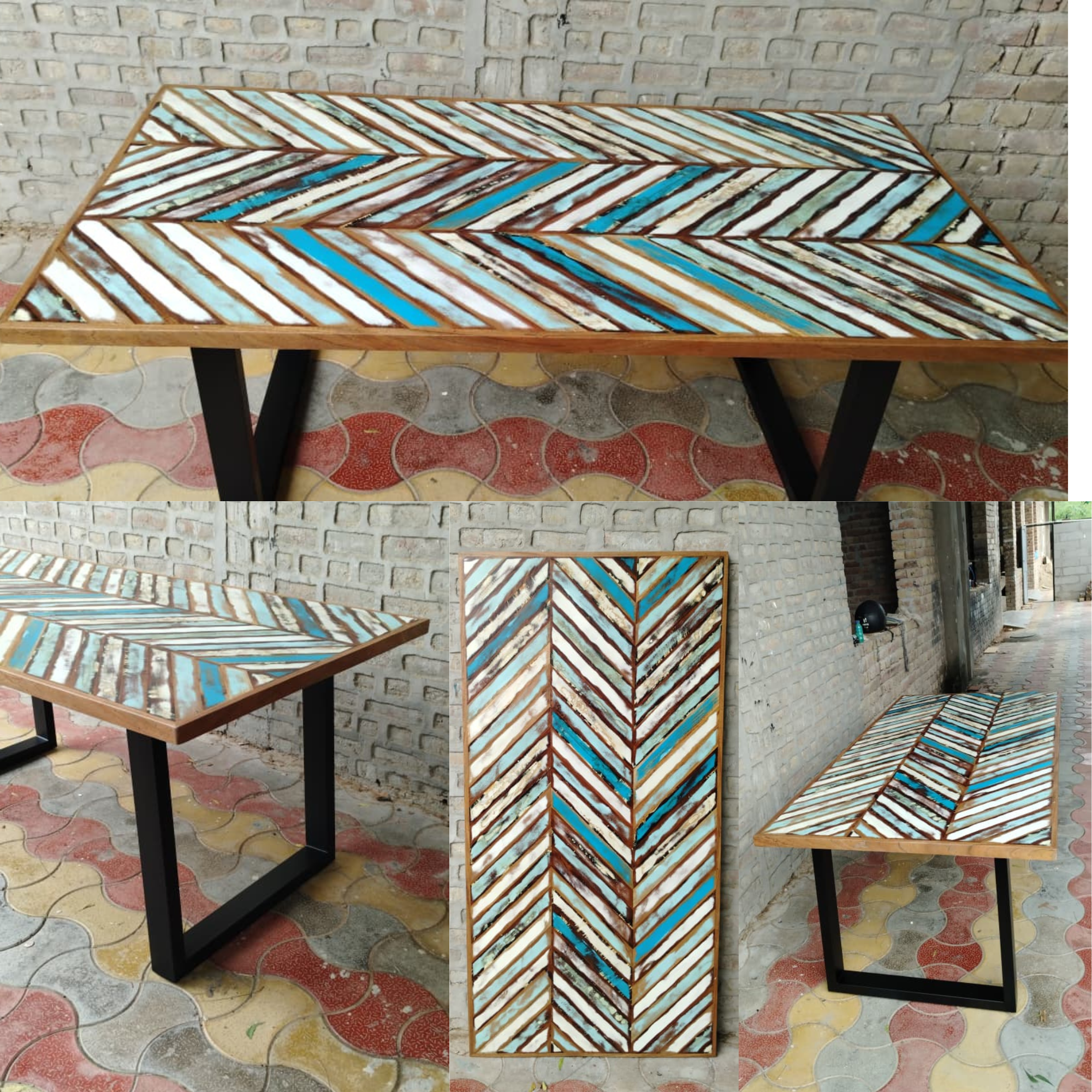 Handmade Chevron Inlay Dining Table with Black Metal Legs – Rustic Blue & White Rectangular Table