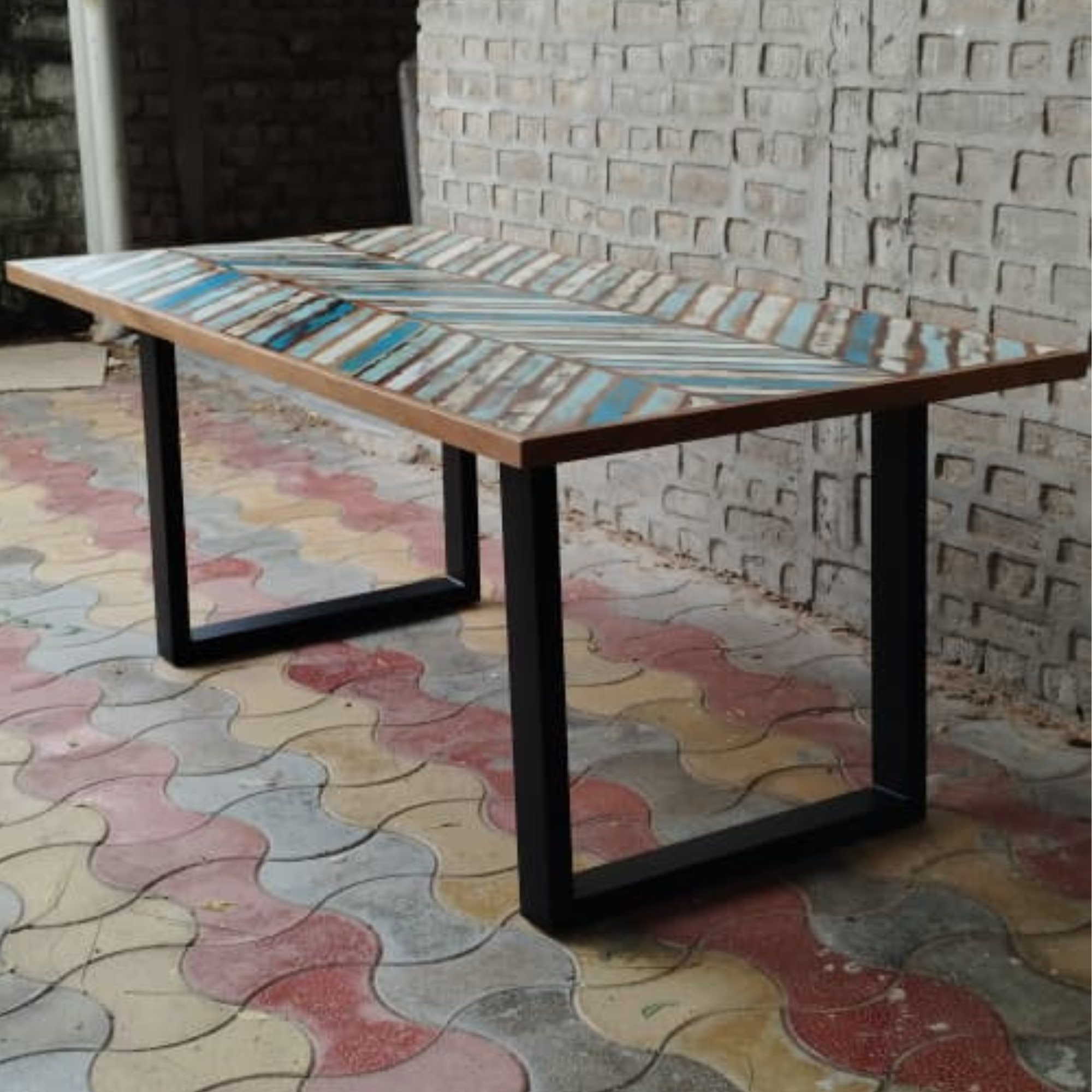Handmade Chevron Inlay Dining Table with Black Metal Legs – Rustic Blue & White Rectangular Table