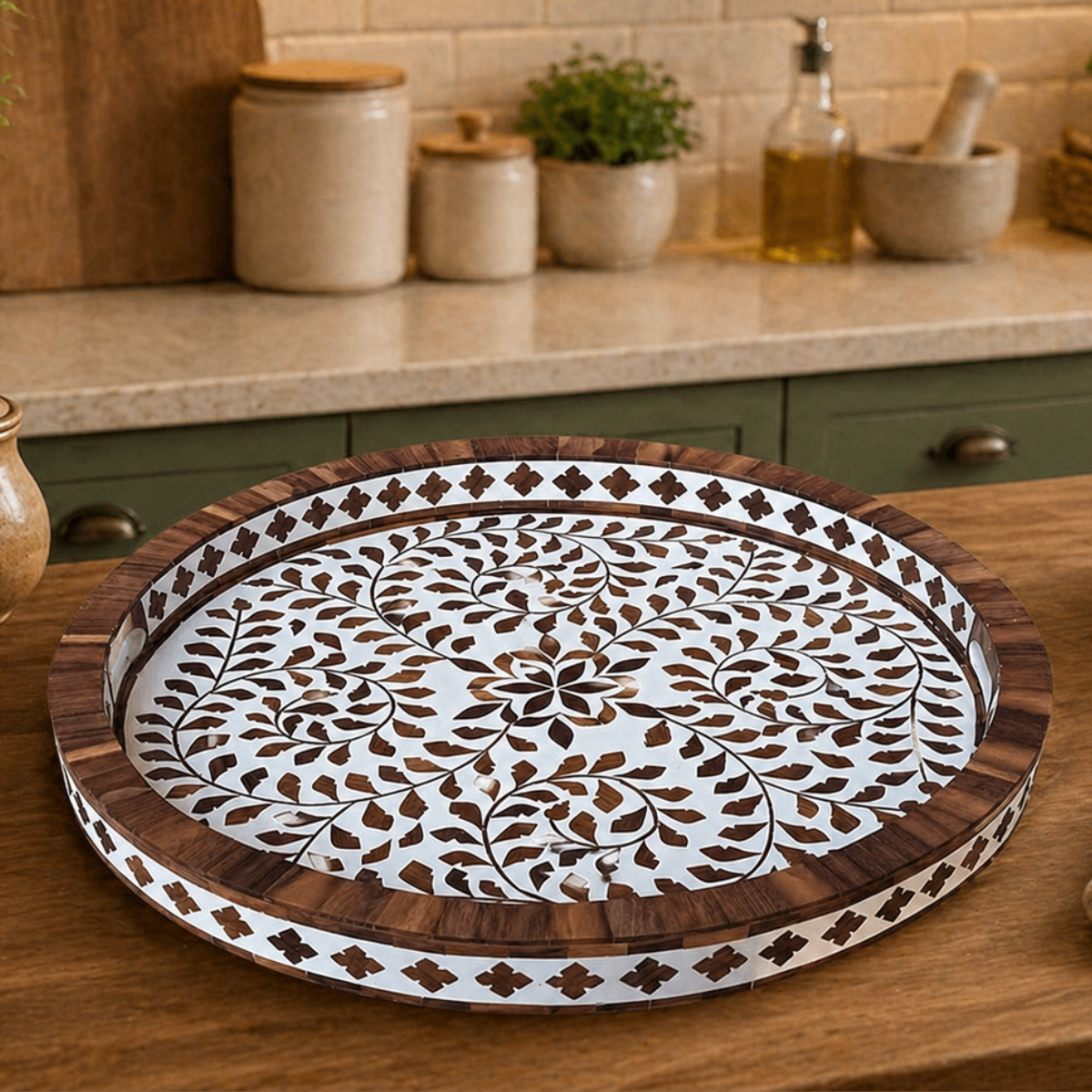 Handcrafted Bone Inlay Tray – Teak Wood Round Serving & Decorative Tray for Home