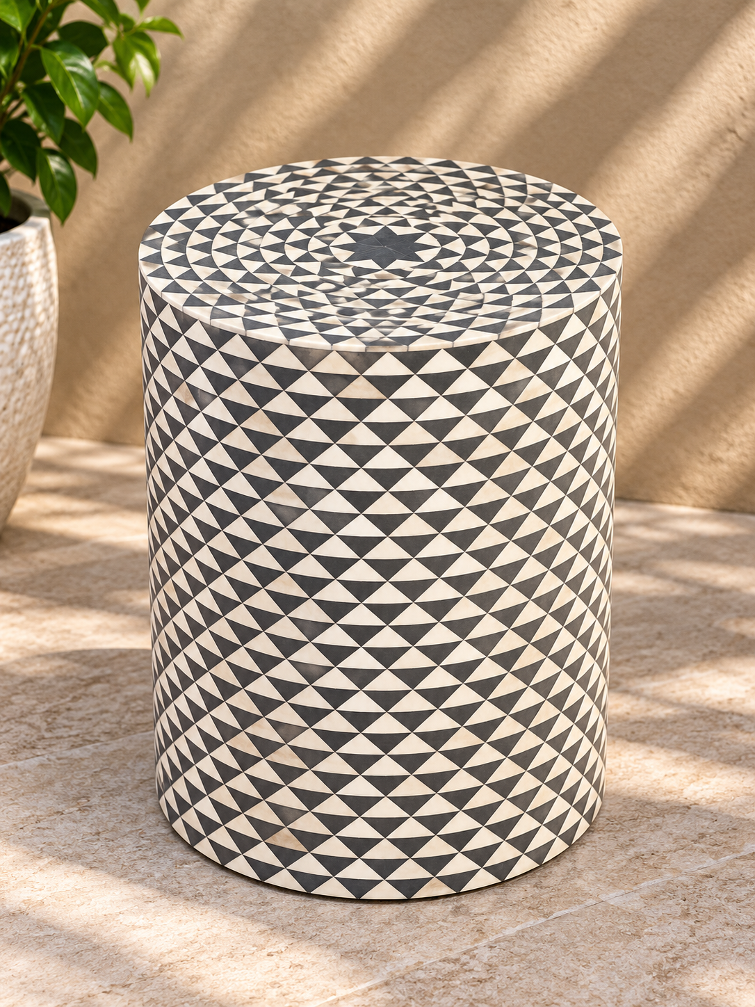 Handmade Black & White Bone Inlay End Table – Geometric Triangle Round Side Table