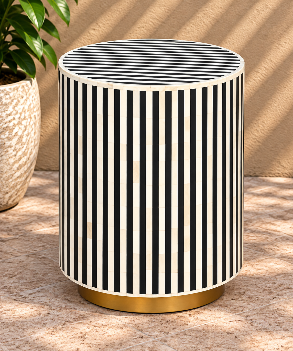 Handmade Black & White Striped Bone Inlay End Table – Round Side Table with Brass Base