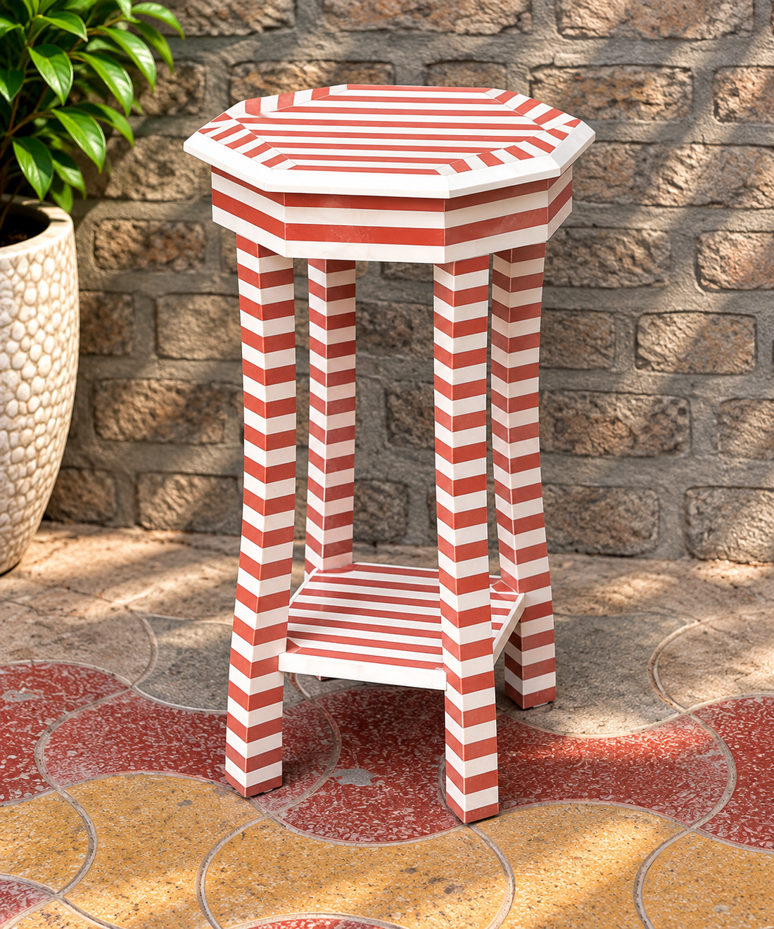 Handmade Terracotta & White Striped Bone Inlay End Table – Octagonal Side Table with Shelf