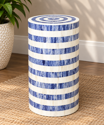 Handmade Blue & White Bone Inlay End Table – Striped Round Drum Side Table