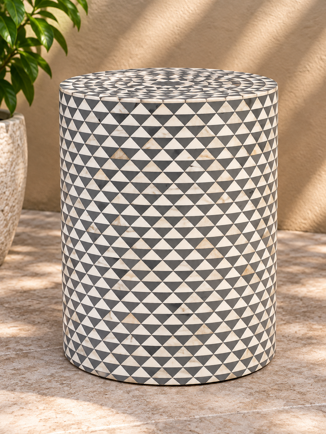 Handmade Black & White Bone Inlay End Table – Geometric Triangle Round Side Table