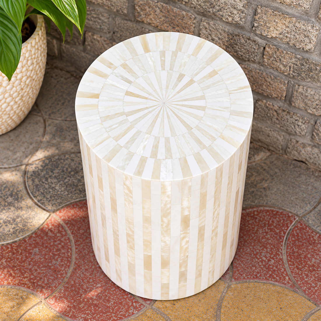 Handmade White Mother of Pearl Inlay End Table – Round Sunburst Side Table