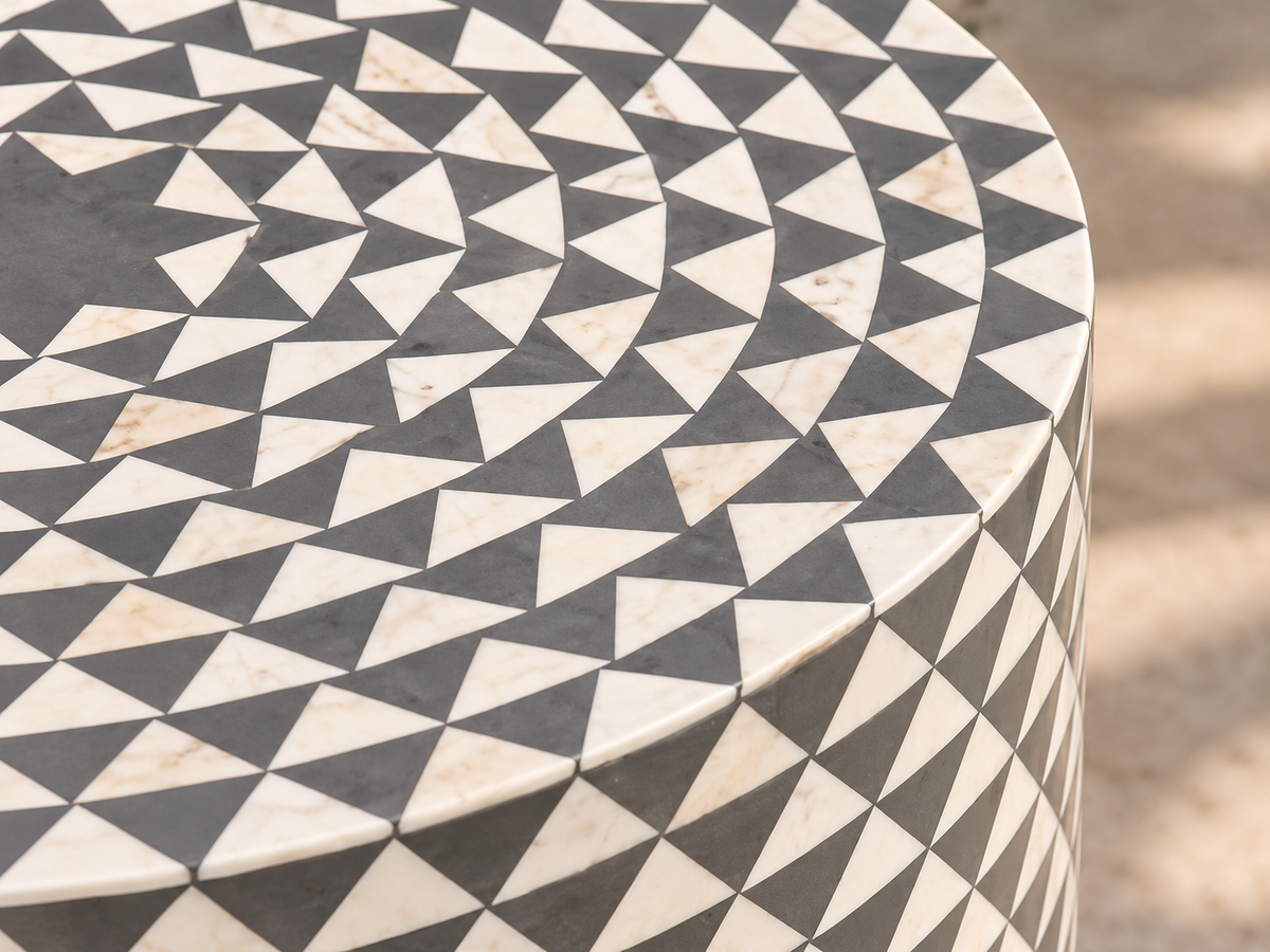 Handmade Black & White Bone Inlay End Table – Geometric Triangle Round Side Table
