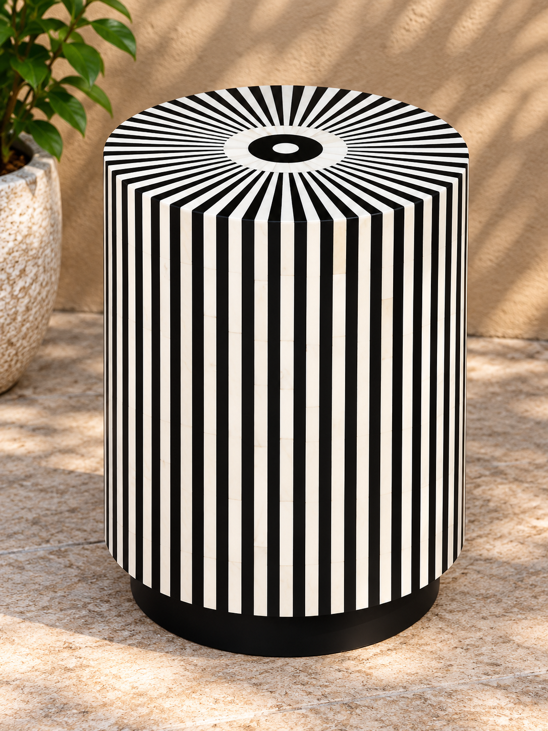 Handmade Black & White Striped Bone Inlay End Table – Sunburst Round Side Table