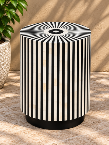 Handmade Black & White Striped Bone Inlay End Table – Sunburst Round Side Table