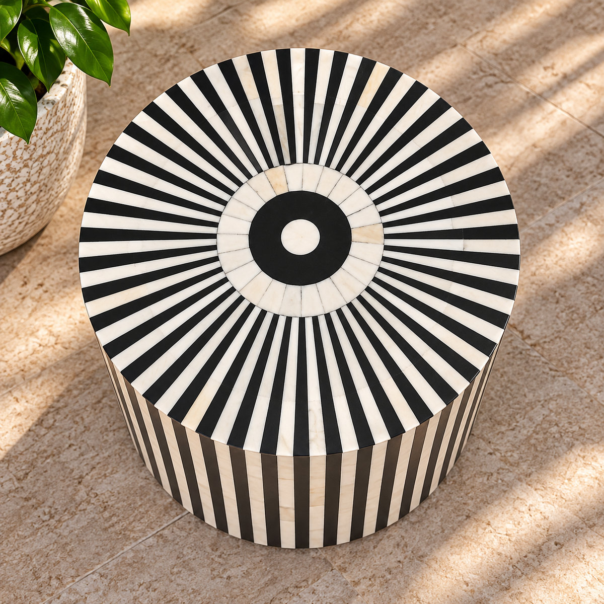 Handmade Black & White Striped Bone Inlay End Table – Sunburst Round Side Table