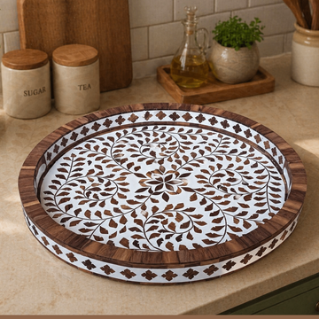 Handcrafted Bone Inlay Tray – Teak Wood Round Serving & Decorative Tray for Home