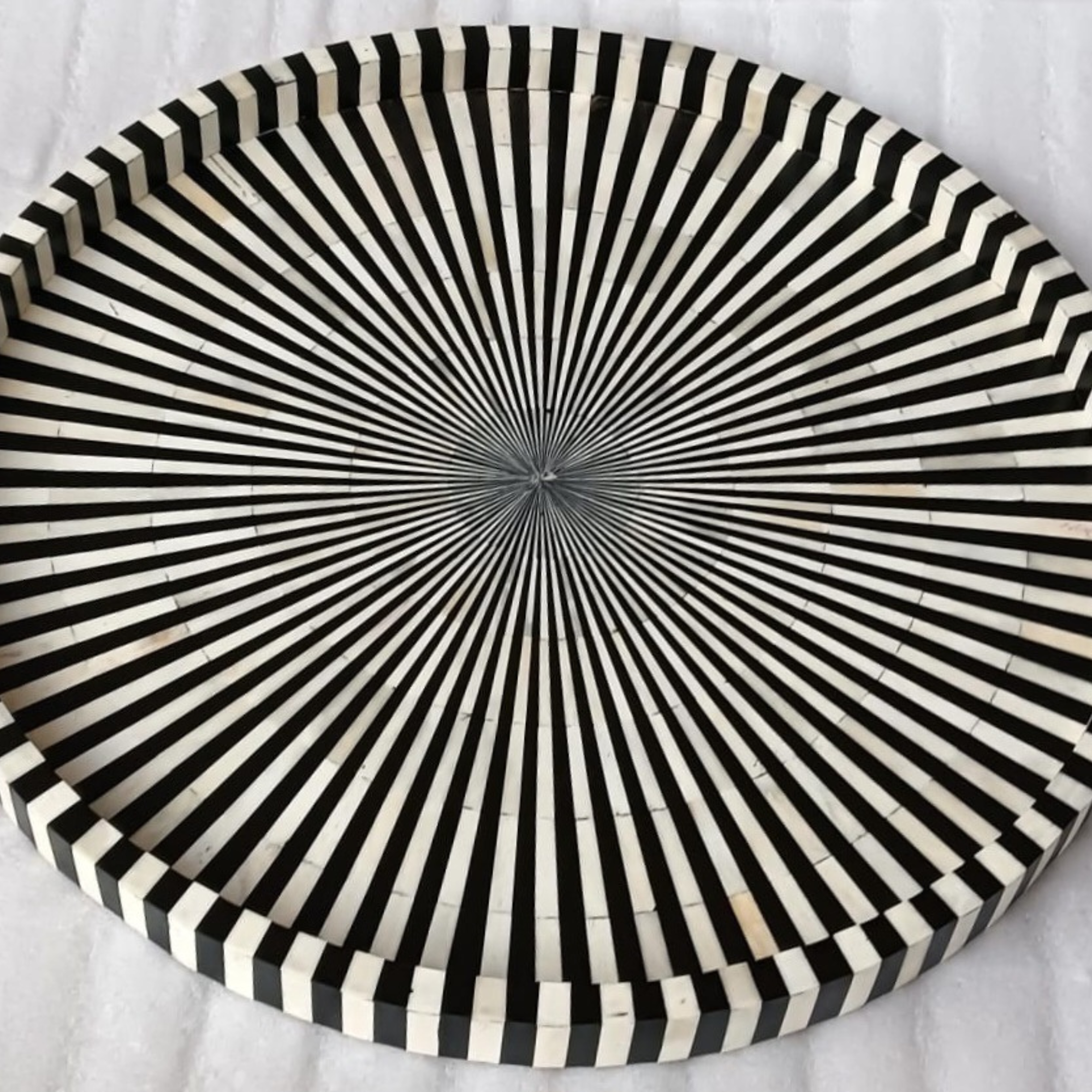 Handmade Bone Inlay Round Tray Black White Stripe Design Decorative Serving Tray Tabletop Art