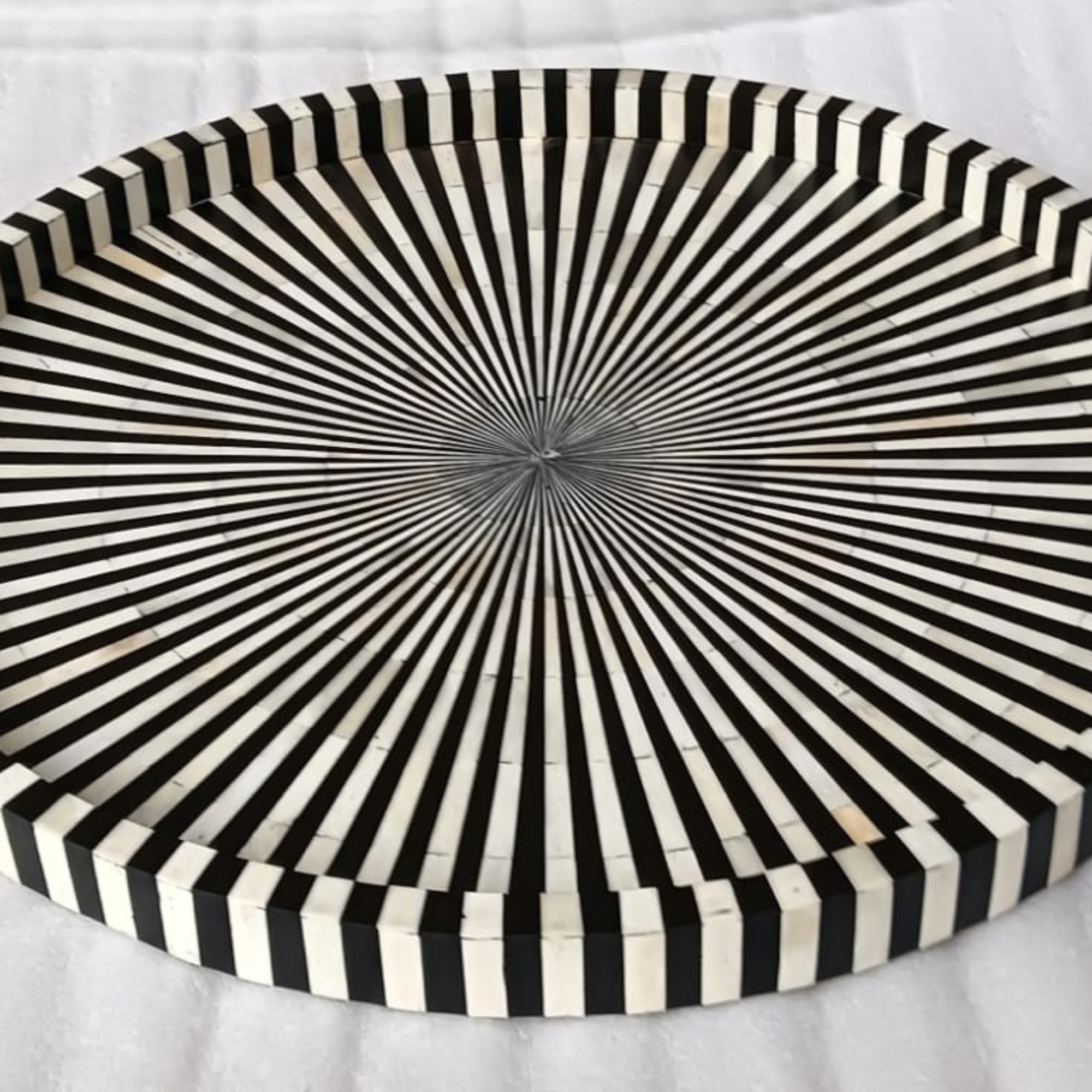 Handmade Bone Inlay Round Tray Black White Stripe Design Decorative Serving Tray Tabletop Art