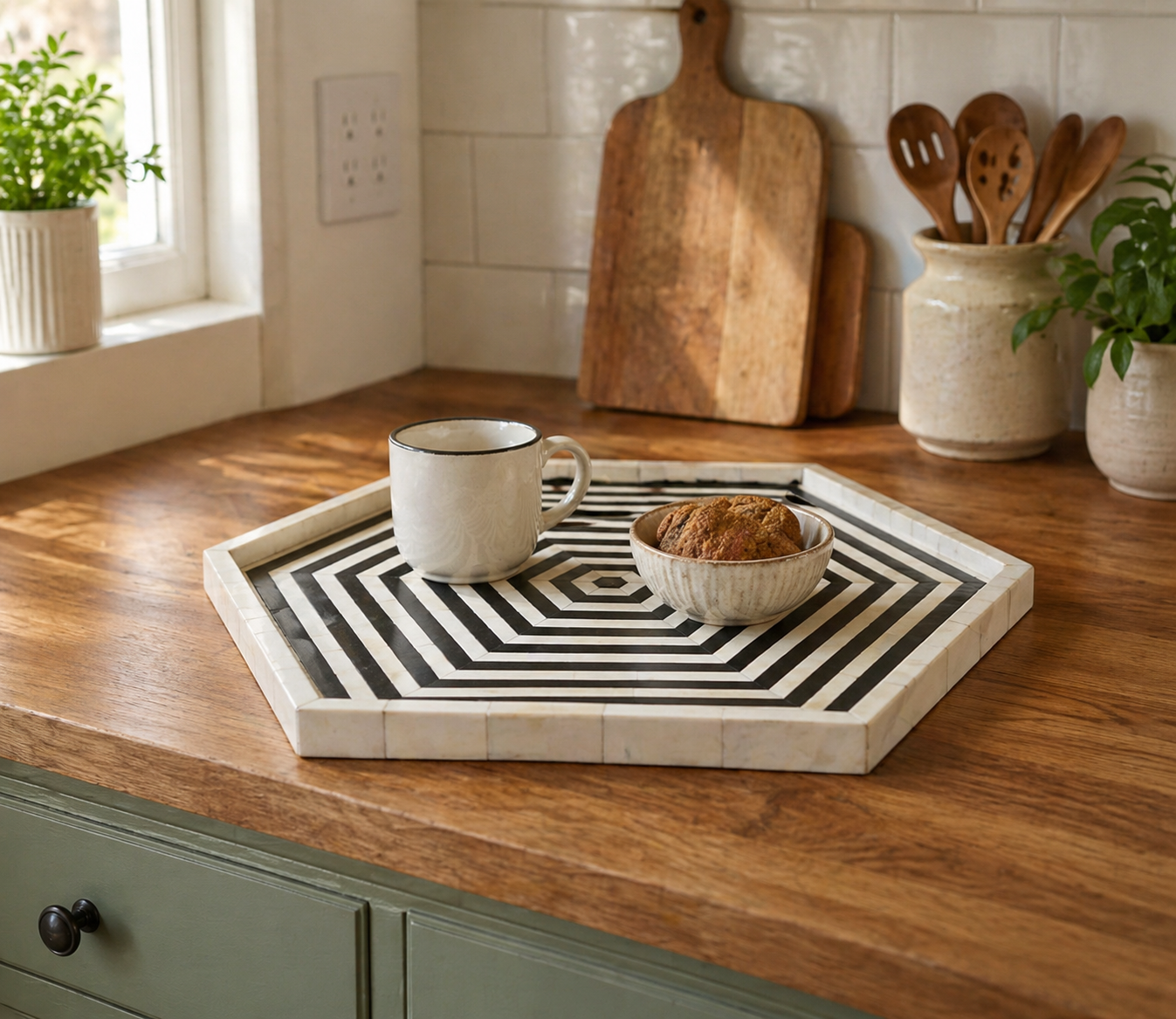 Handmade Bone Inlay Hexagon Tray Black White Geometric Design Decorative Serving Tray