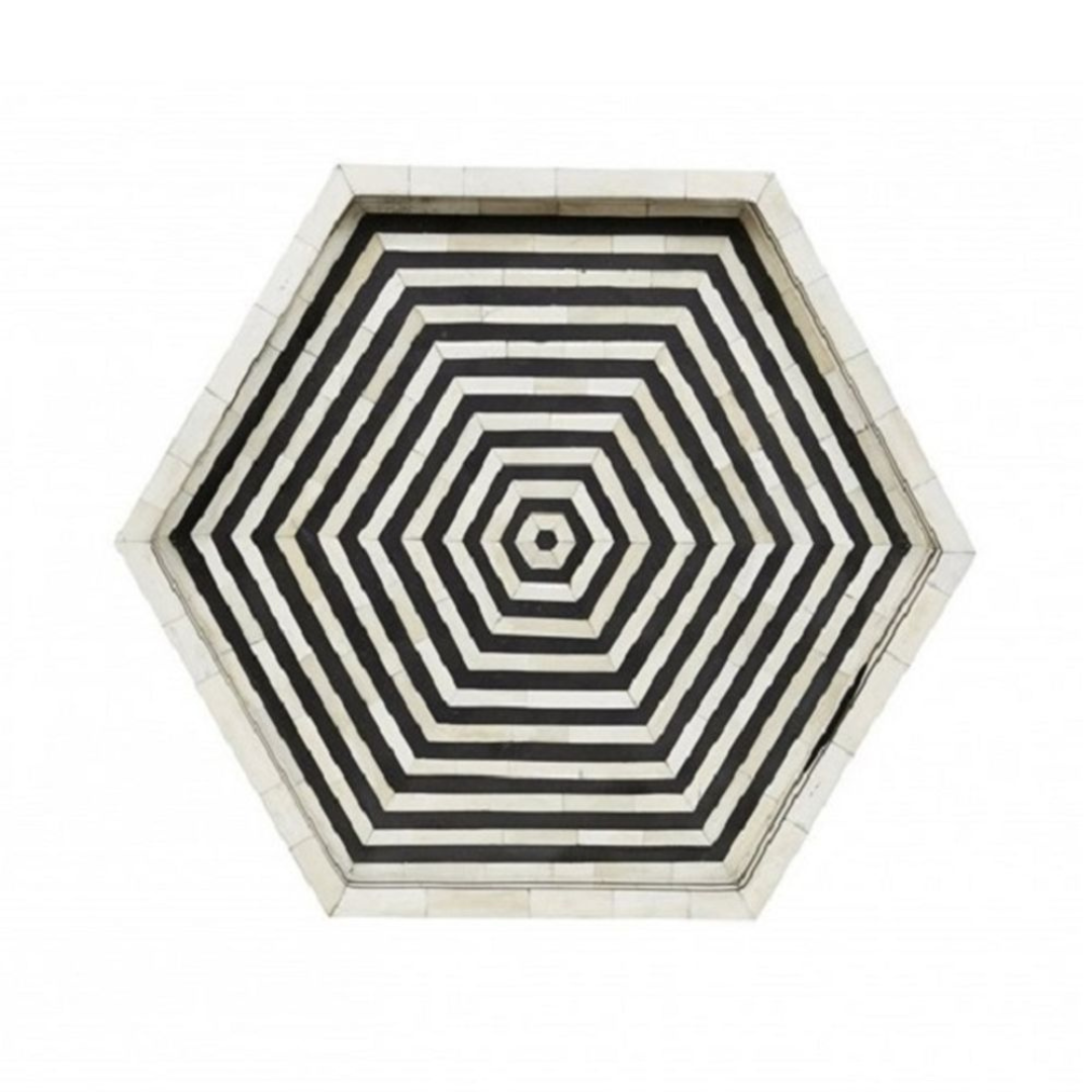 Handmade Bone Inlay Hexagon Tray Black White Geometric Design Decorative Serving Tray