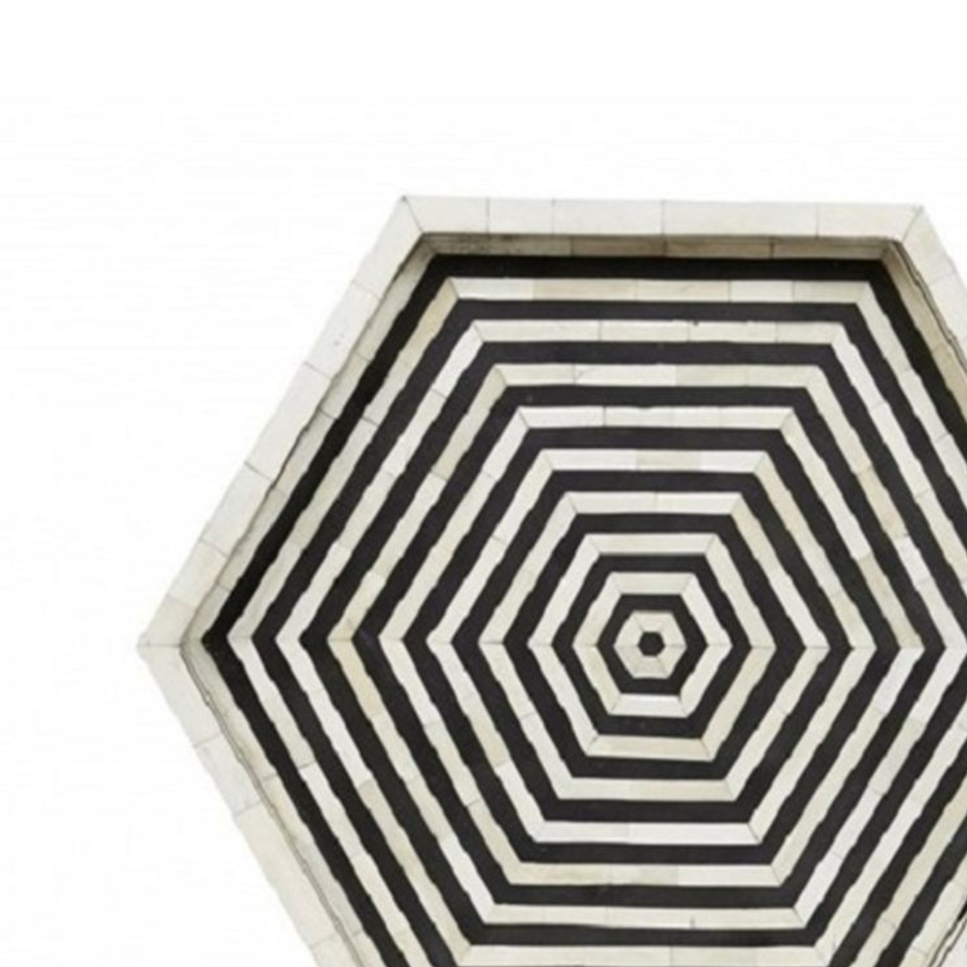 Handmade Bone Inlay Hexagon Tray Black White Geometric Design Decorative Serving Tray