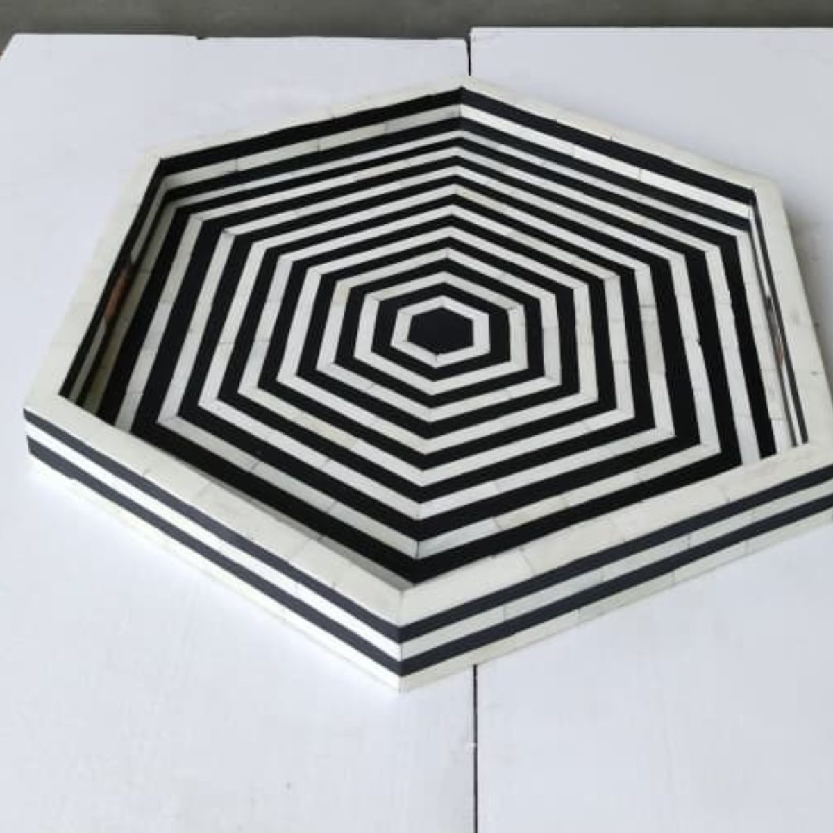 Handmade Bone Inlay Hexagon Tray Black White Geometric Design Decorative Serving Tray